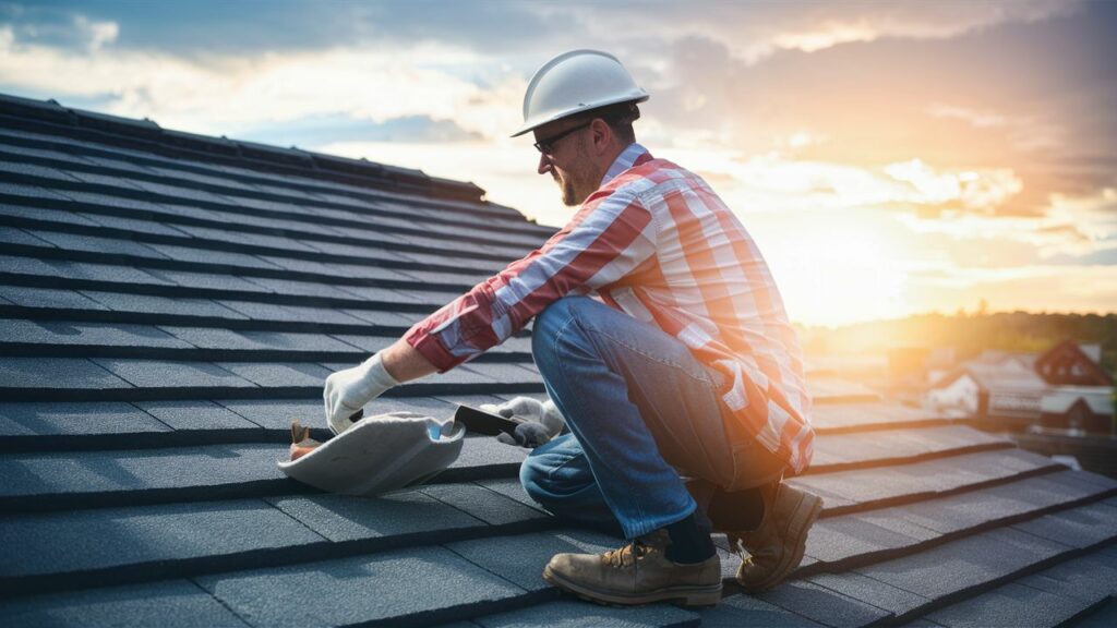 picture of man roofing while sunset cast upon him